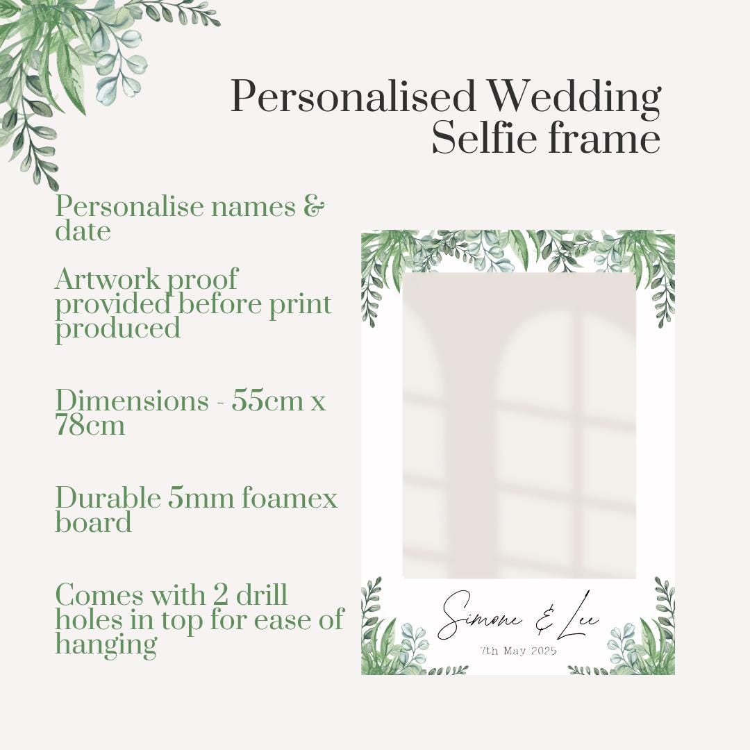 Printed Personalised Wedding Selfie Frame | Botanical Greenery 3 Photo Prop | Rustic Wedding Sign | Custom Names & Date | Foamex Party Frame