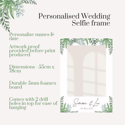 Printed Personalised Wedding Selfie Frame | Botanical Greenery 3 Photo Prop | Rustic Wedding Sign | Custom Names & Date | Foamex Party Frame