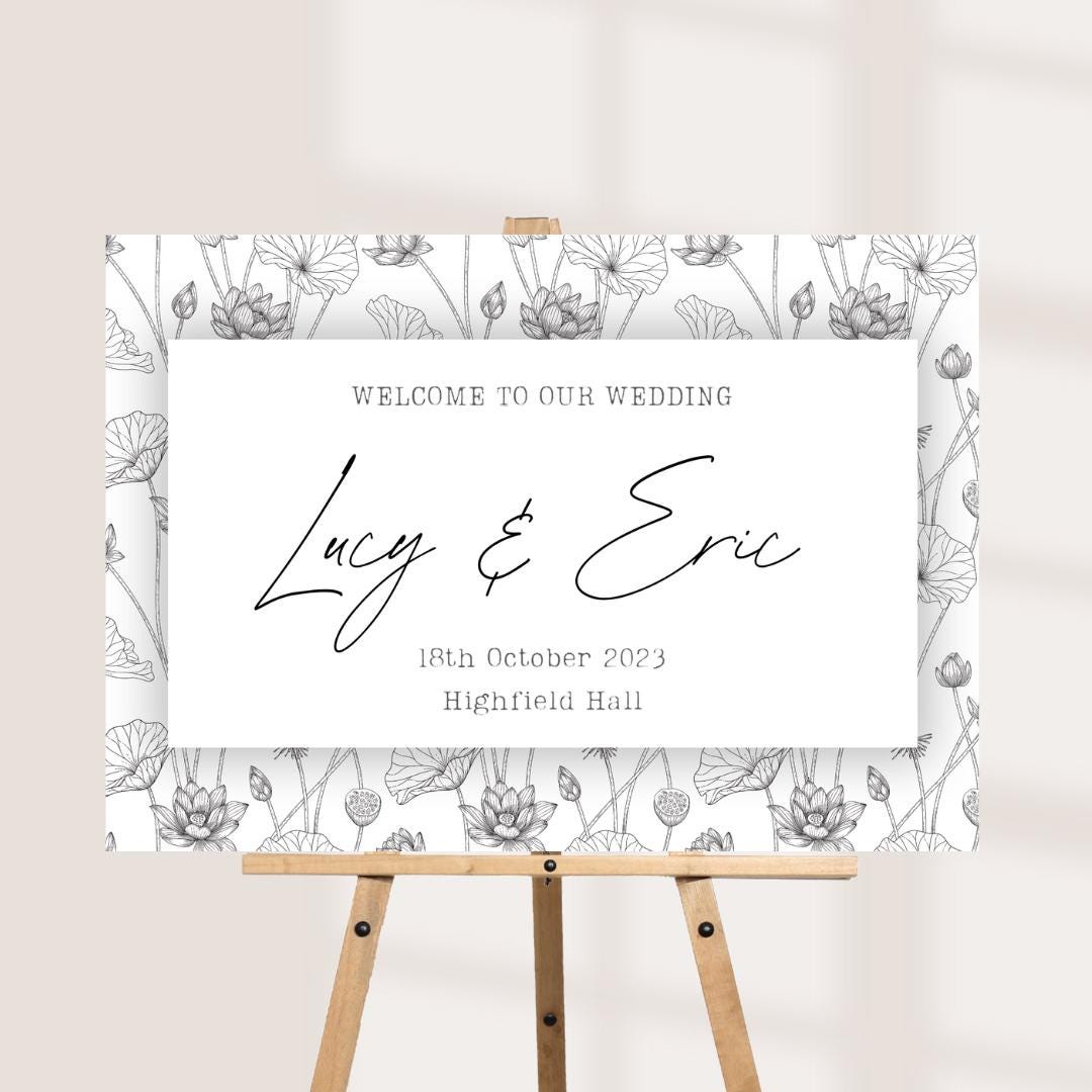 Printed Personalised Wedding Welcome Board | Monochrome Botanical Wedding Sign | Custom Names & Venue | Elegant Floral F