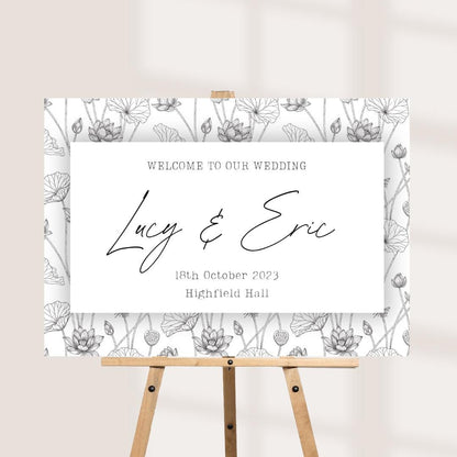 Printed Personalised Wedding Welcome Board | Monochrome Botanical Wedding Sign | Custom Names & Venue | Elegant Floral F