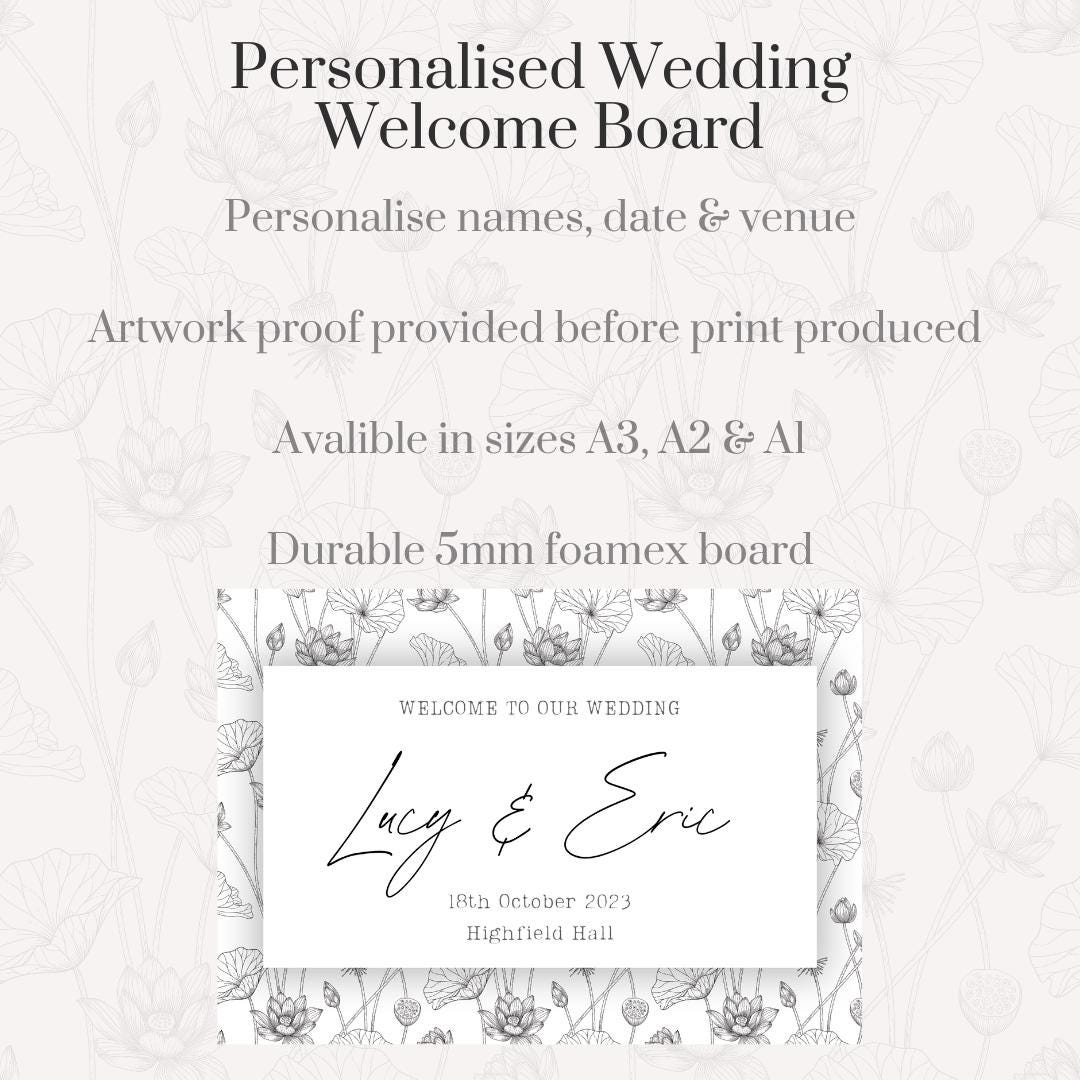 Printed Personalised Wedding Welcome Board | Monochrome Botanical Wedding Sign | Custom Names & Venue | Elegant Floral Foamex Board