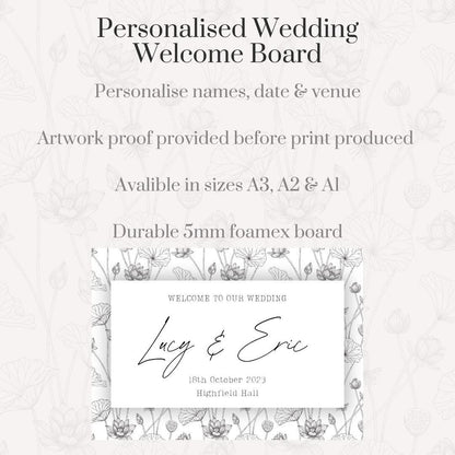 Printed Personalised Wedding Welcome Board | Monochrome Botanical Wedding Sign | Custom Names & Venue | Elegant Floral Foamex Board