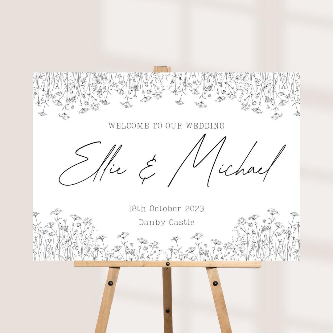 Printed Personalised Wedding Welcome Board | Delicate Wildflower Wedding Sign | Custom Names & Venue | Rustic Botanical 