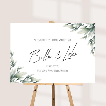 Printed Personalised Wedding Welcome Board | Sage Green Foliage Wedding Sign | Custom Names & Venue | Elegant Botanical 