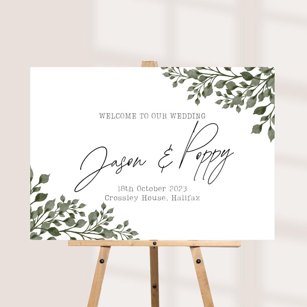 Printed Personalised Wedding Welcome Board | Botanical Greenery 2 Wedding Sign | Custom Names & Venue | Elegant Leafy Fo