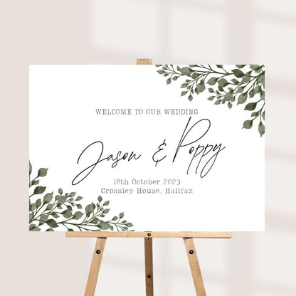 Printed Personalised Wedding Welcome Board | Botanical Greenery 2 Wedding Sign | Custom Names & Venue | Elegant Leafy Fo