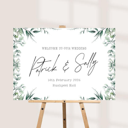 Printed Personalised Wedding Welcome Board | Eucalyptus Wedding Sign | Custom Names & Venue | Elegant Greenery Foamex Bo