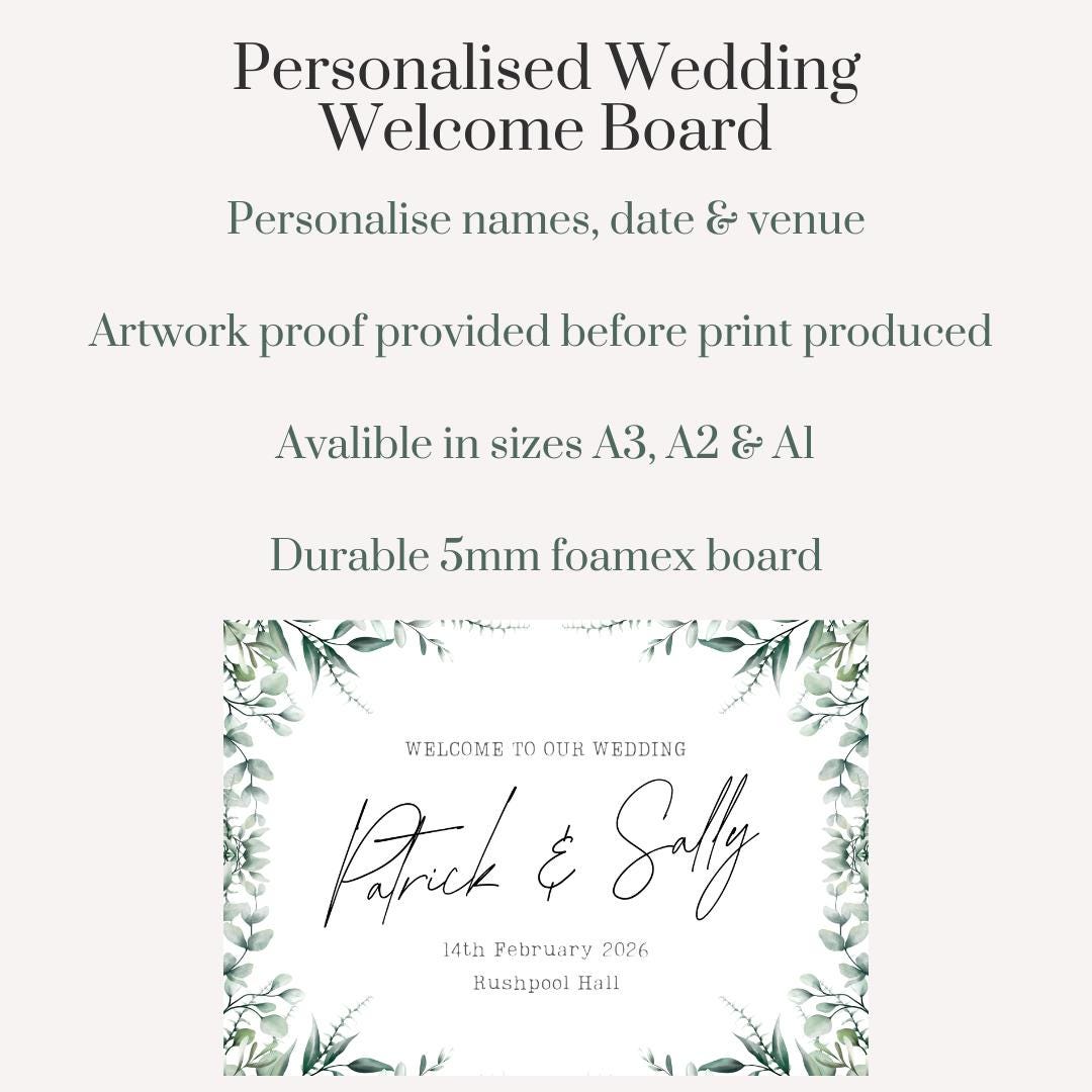 Printed Personalised Wedding Welcome Board | Eucalyptus Wedding Sign | Custom Names & Venue | Elegant Greenery Foamex Board
