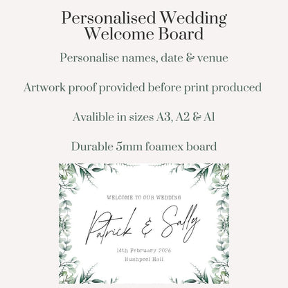 Printed Personalised Wedding Welcome Board | Eucalyptus Wedding Sign | Custom Names & Venue | Elegant Greenery Foamex Board