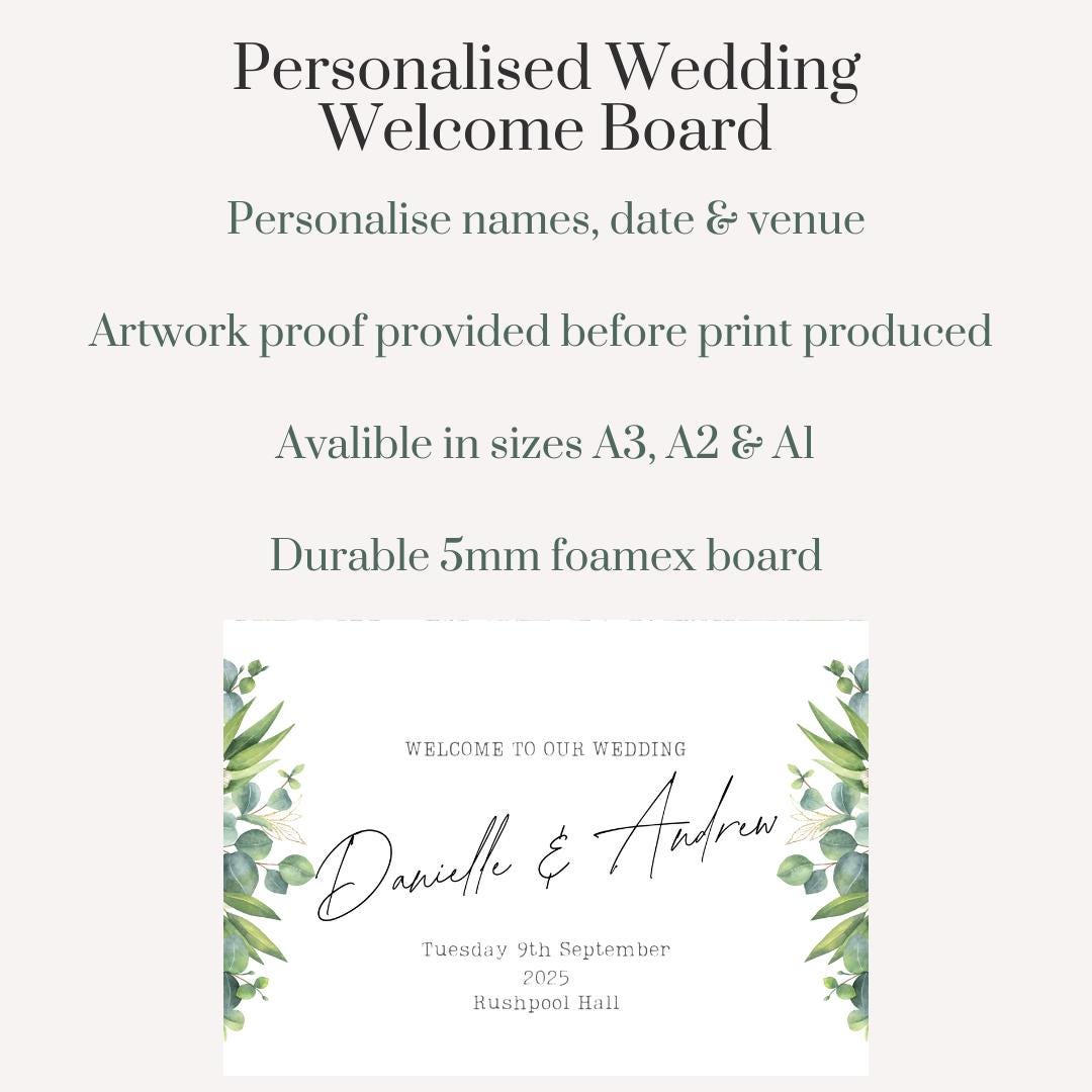 Personalised Greenery Wedding Welcome Sign | Botanical Wedding 4 Board with Names, Date & Venue | Custom Printed Sign | A1 A2 A3 Sizes