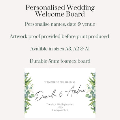 Personalised Greenery Wedding Welcome Sign | Botanical Wedding 4 Board with Names, Date & Venue | Custom Printed Sign | A1 A2 A3 Sizes