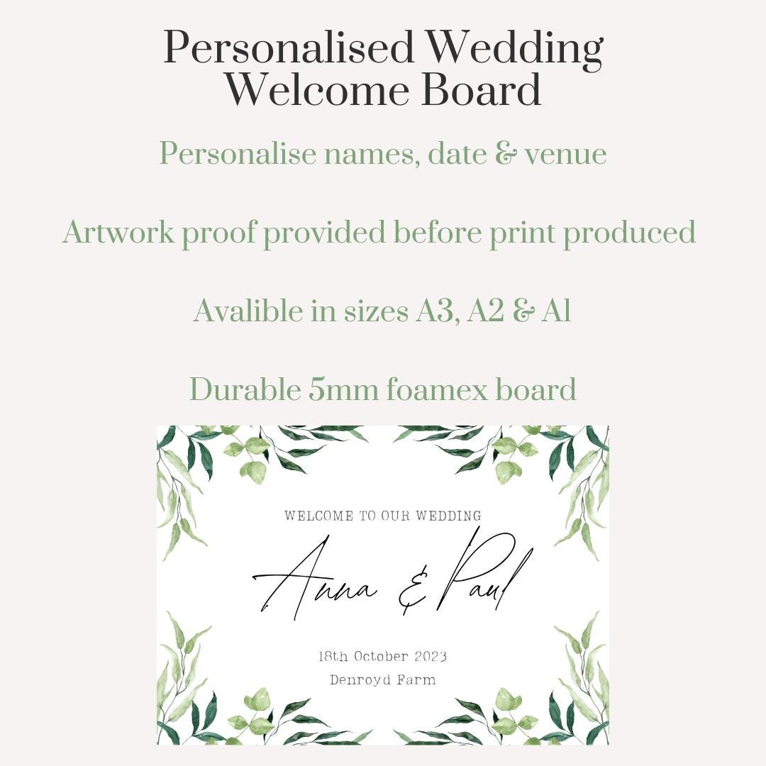 Printed Personalised Wedding Welcome Board | Green Botanical 6 Foliage Sign | Rustic Countryside Wedding Decor | Custom Foamex Board