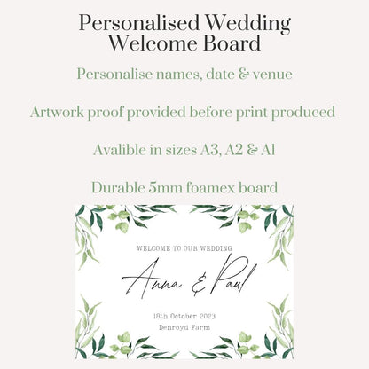 Printed Personalised Wedding Welcome Board | Green Botanical 6 Foliage Sign | Rustic Countryside Wedding Decor | Custom Foamex Board