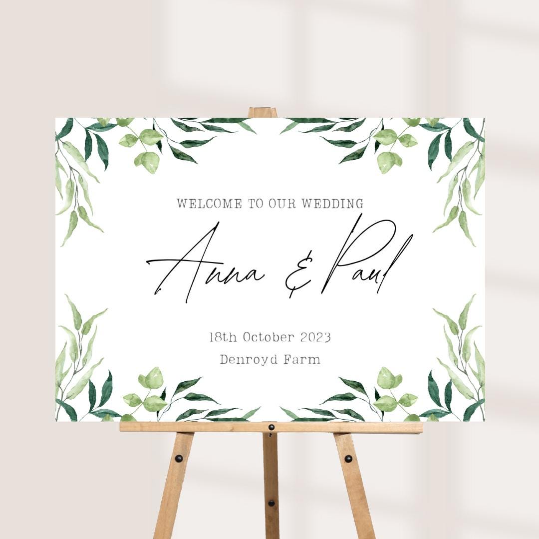 Printed Personalised Wedding Welcome Board | Green Botanical 6 Foliage Sign | Rustic Countryside Wedding Decor | Custom 