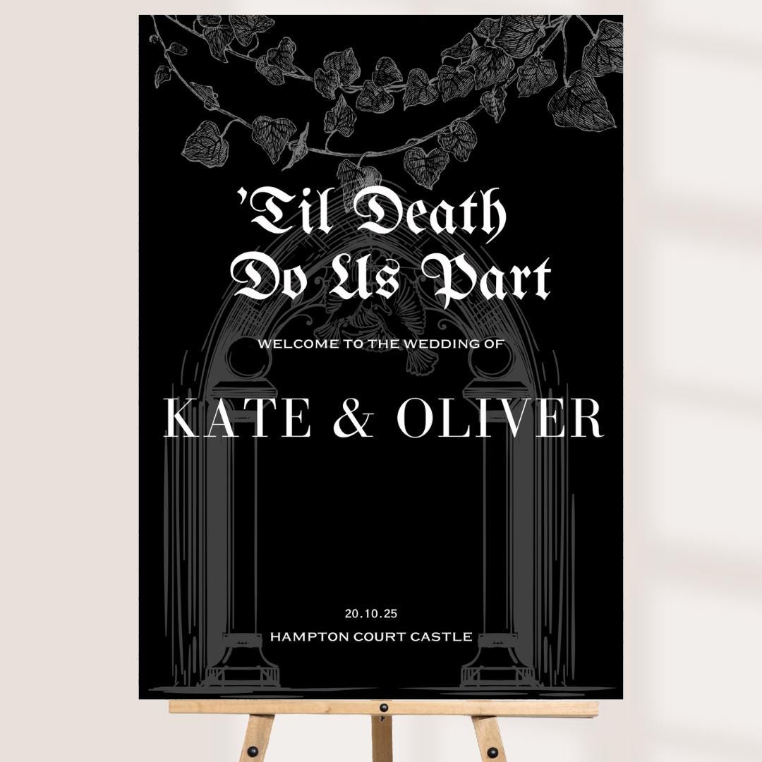 Printed Gothic Wedding Welcome Sign | Personalised Til Death Do Us Part Board | Custom Foamex Sign for Wedding | A3/A2/A1 Sizes | Dark Decor