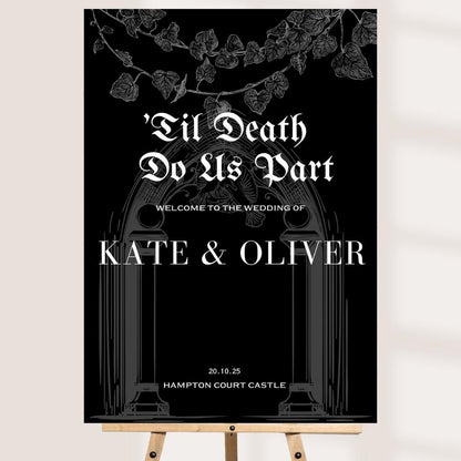 Printed Gothic Wedding Welcome Sign | Personalised Til Death Do Us Part Board | Custom Foamex Sign for Wedding | A3/A2/A1 Sizes | Dark Decor