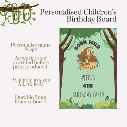 Personalised Jungle Safari Birthday Welcome Sign | Born Wild Animal Party Board | Custom Name & Age | A3 A2 A1 Sizes | Childrens Birthday