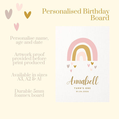 Rainbow Birthday Welcome Sign – Personalised First Birthday Party Decoration with Name, Age & Date, Boho Pastel Foam Board Keepsake