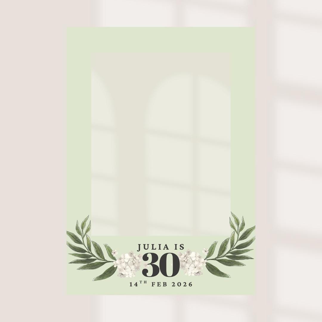 Minimalist Birthday Selfie Frame | Sage Green or White | Personalised Name, Age & Date | Botanical Party Photo Prop | Birthday Decor |