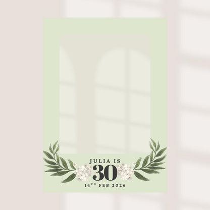 Minimalist Birthday Selfie Frame | Sage Green or White | Personalised Name, Age & Date | Botanical Party Photo Prop | Birthday Decor |