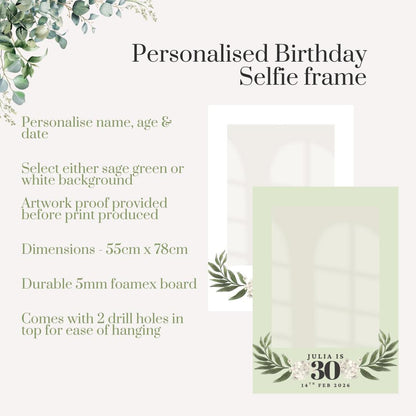 Minimalist Birthday Selfie Frame | Sage Green or White | Personalised Name, Age & Date | Botanical Party Photo Prop | Birthday Decor |