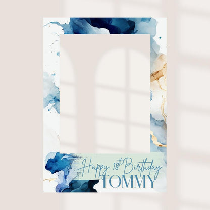 Printed Personalised Birthday Selfie Frame - Custom Name and Age - Blue & Gold Watercolour Party Prop - 18th 21st 30th 40th Birthday Photo
