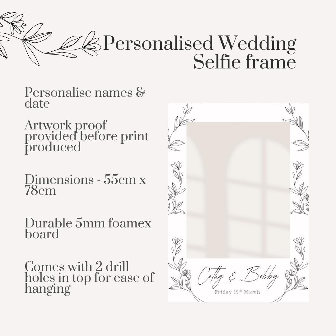 Personalised Printed Wedding Selfie Frame: Elegant Botanical Photo Prop