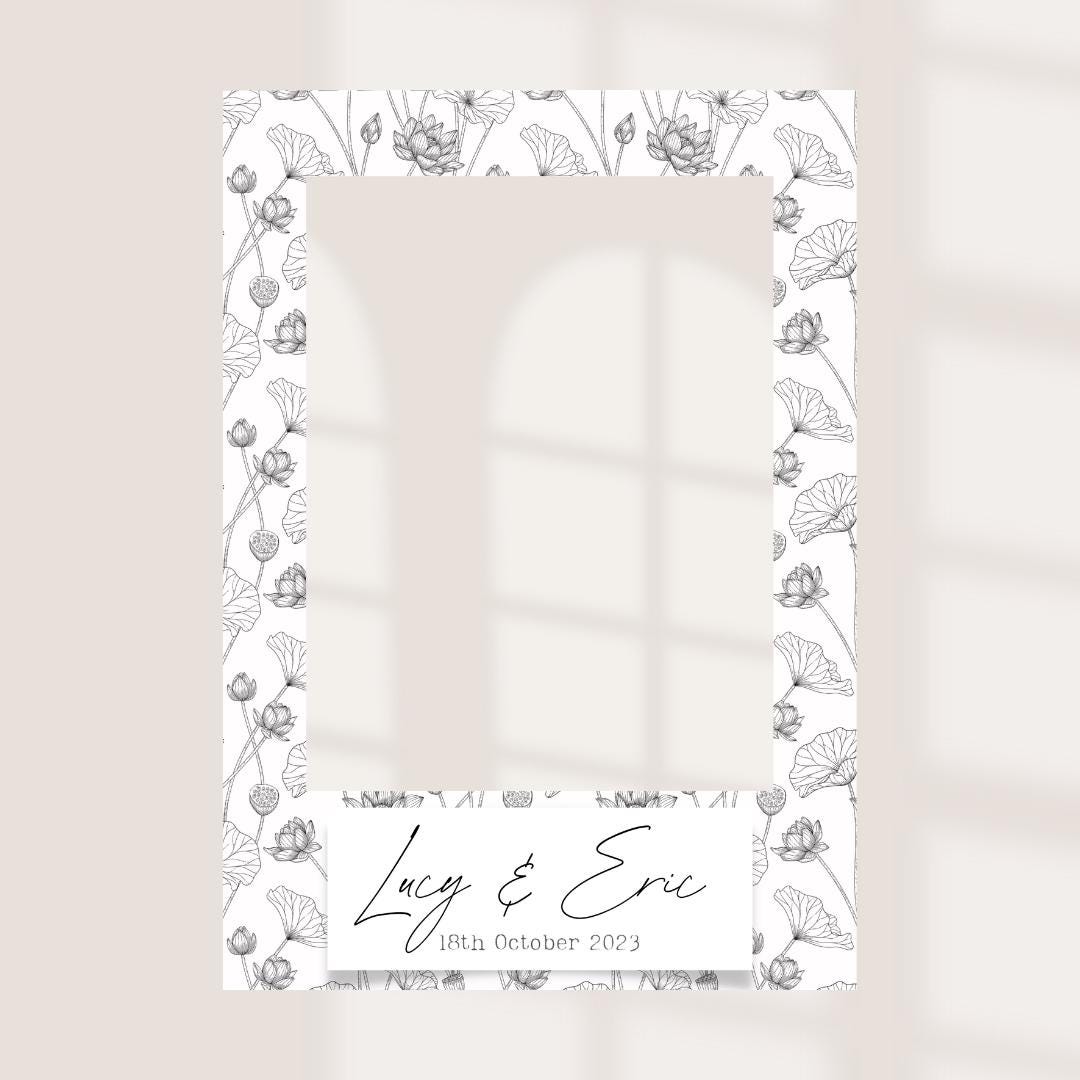 Printed Personalised Wedding Selfie Frame | Lotus Floral Photo Prop | Elegant Wedding Sign | Minimal Wedding Decor | Cus