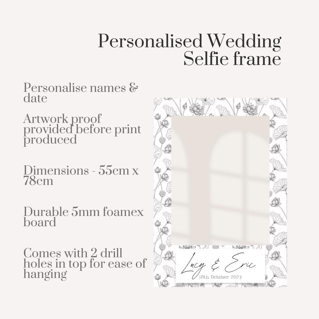 Printed Personalised Wedding Selfie Frame | Lotus Floral Photo Prop | Elegant Wedding Sign | Minimal Wedding Decor | Custom Names & Date