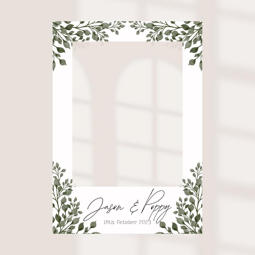 Printed Personalised Wedding Selfie Frame | Greenery Foliage Photo Prop | Botanical Wedding Sign | Rustic Wedding | Cust