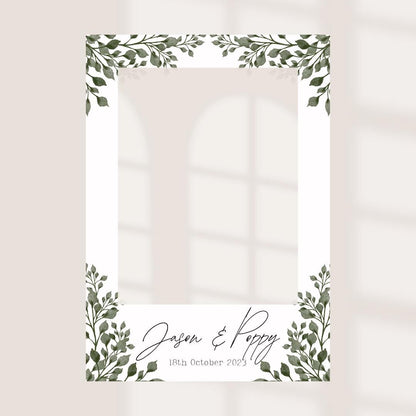 Printed Personalised Wedding Selfie Frame | Greenery Foliage Photo Prop | Botanical Wedding Sign | Rustic Wedding | Cust