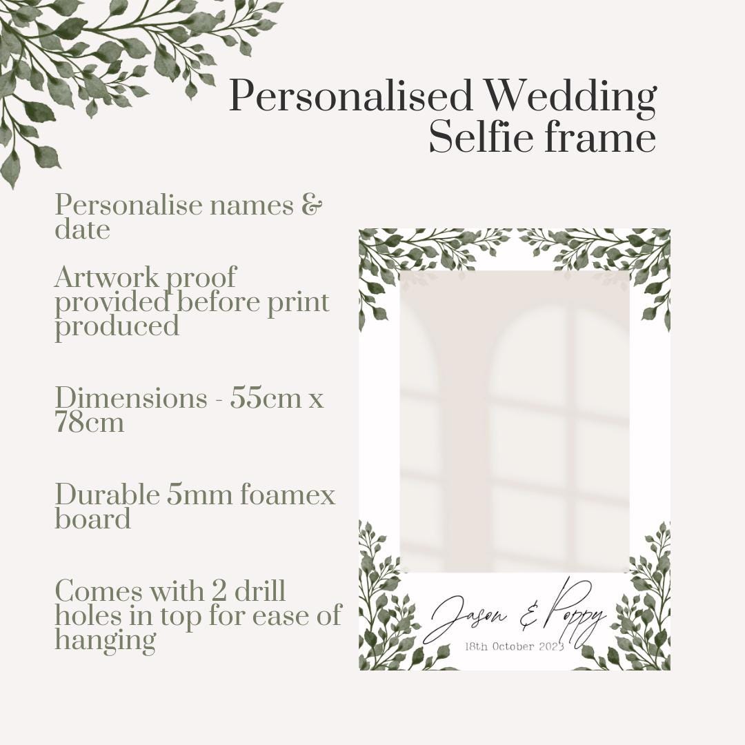 Printed Personalised Wedding Selfie Frame | Greenery Foliage Photo Prop | Botanical Wedding Sign | Rustic Wedding | Custom Names & Date
