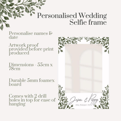 Printed Personalised Wedding Selfie Frame | Greenery Foliage Photo Prop | Botanical Wedding Sign | Rustic Wedding | Custom Names & Date