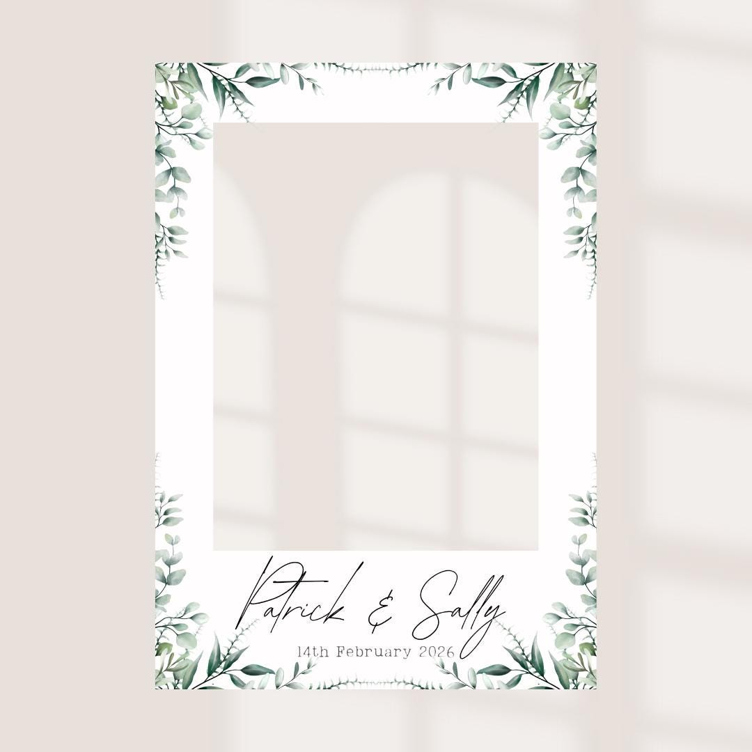 Printed Personalised Wedding Selfie Frame | Eucalyptus Wedding Photo Prop | Greenery Foamex Frame | Minimal Botanical | 