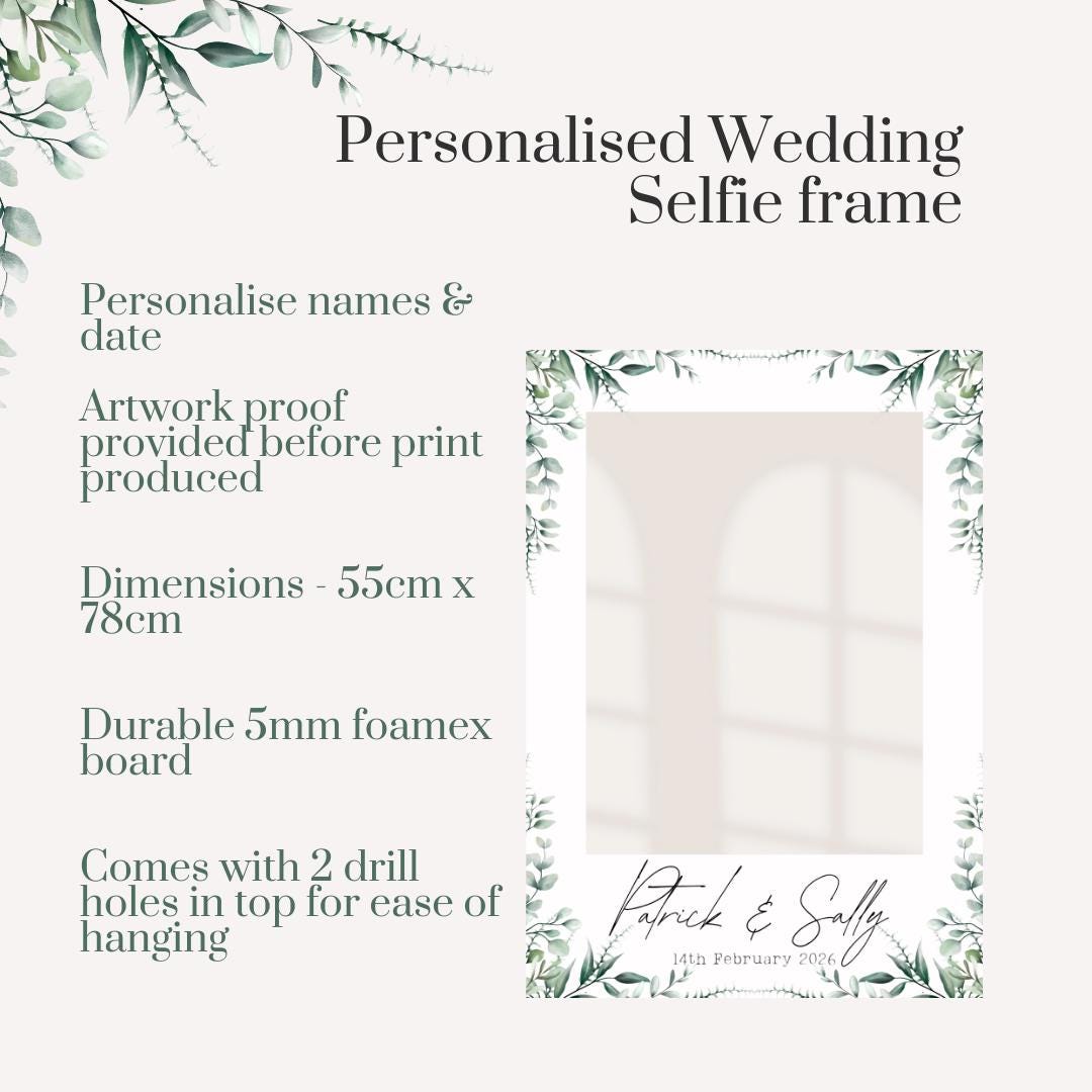 Printed Personalised Wedding Selfie Frame | Eucalyptus Wedding Photo Prop | Greenery Foamex Frame | Minimal Botanical | Custom Names & Date