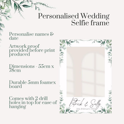 Printed Personalised Wedding Selfie Frame | Eucalyptus Wedding Photo Prop | Greenery Foamex Frame | Minimal Botanical | Custom Names & Date