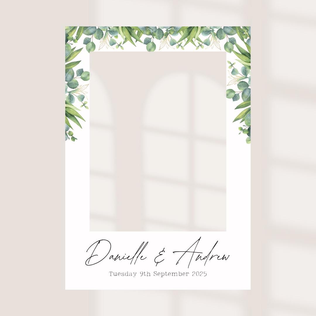 Printed Personalised Wedding Selfie Frame | Green Foliage 2 | Botanical Wedding Sign | Custom Names & Date | Modern Foam