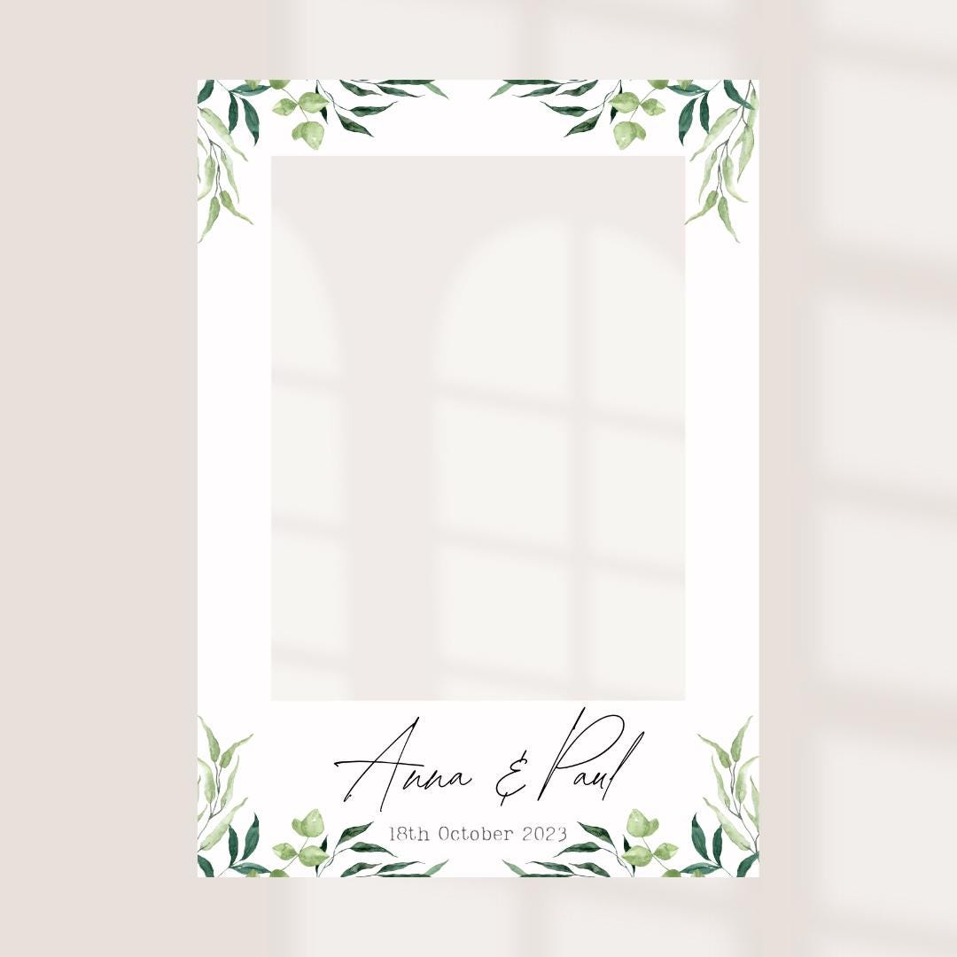 Printed Personalised Wedding Selfie Frame | Leafy Greenery 4 Photo Prop | Rustic Wedding Sign | Custom Names & Date | Bo