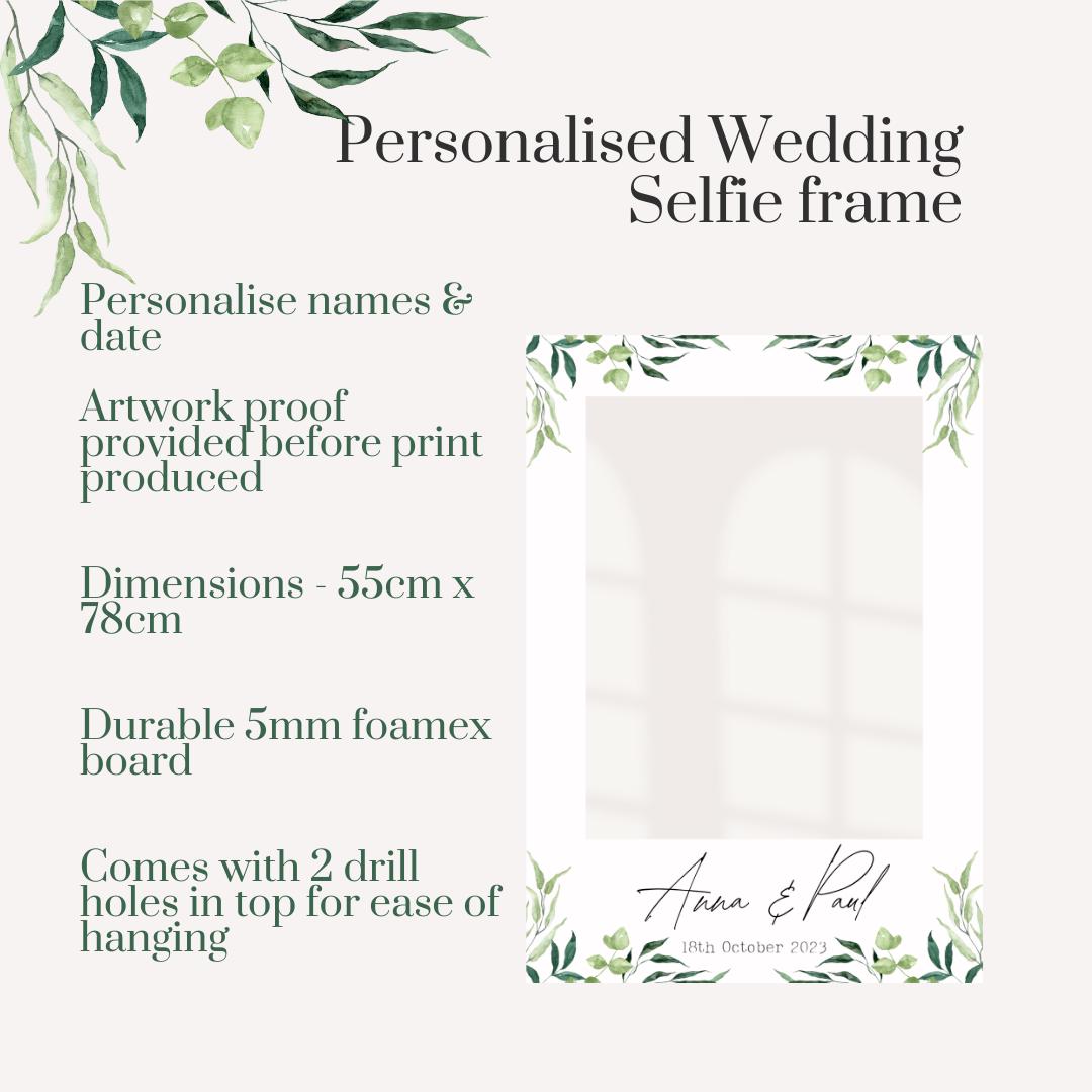 Printed Personalised Wedding Selfie Frame | Leafy Greenery 4 Photo Prop | Rustic Wedding Sign | Custom Names & Date | Botanical Foamex Frame