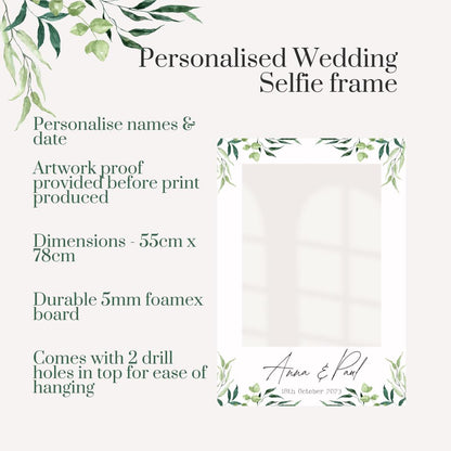 Printed Personalised Wedding Selfie Frame | Leafy Greenery 4 Photo Prop | Rustic Wedding Sign | Custom Names & Date | Botanical Foamex Frame