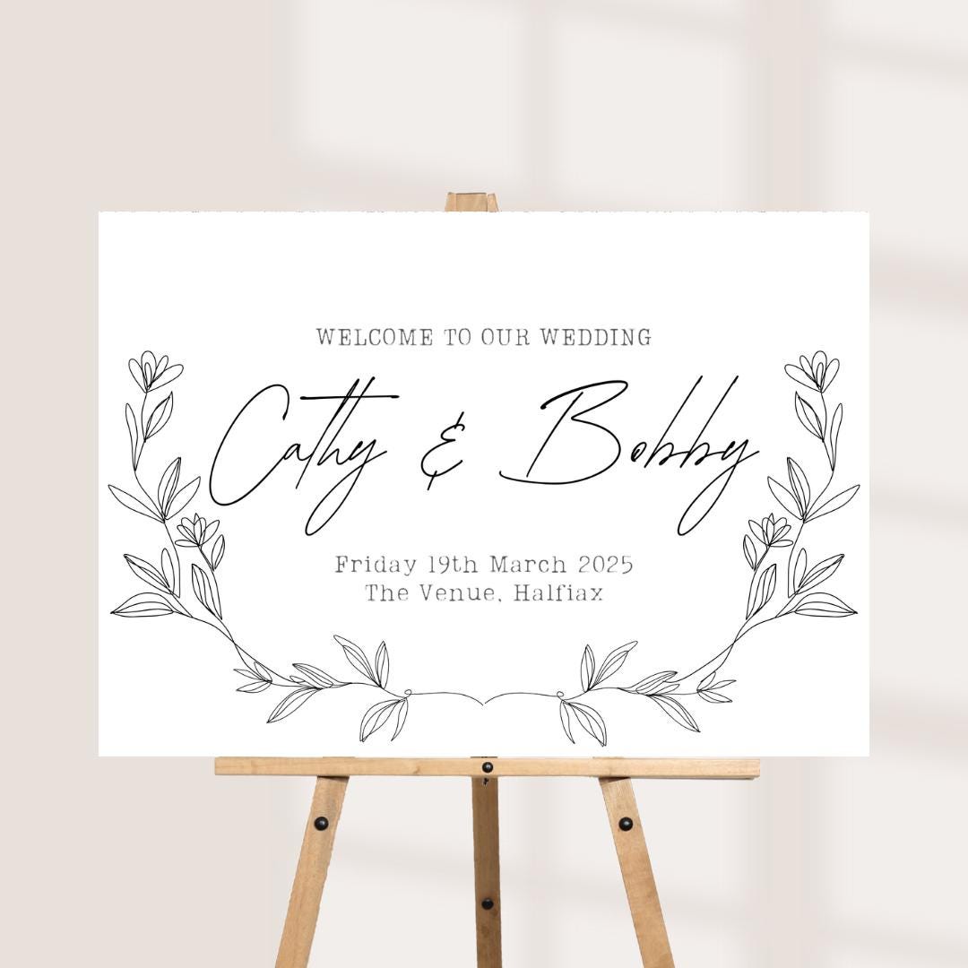 Personalised Printed Wedding Welcome Sign: Elegant Floral, Custom Names & Date
