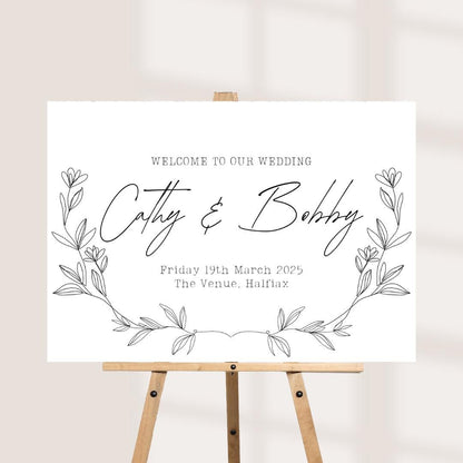 Personalised Printed Wedding Welcome Sign: Elegant Floral, Custom Names & Date