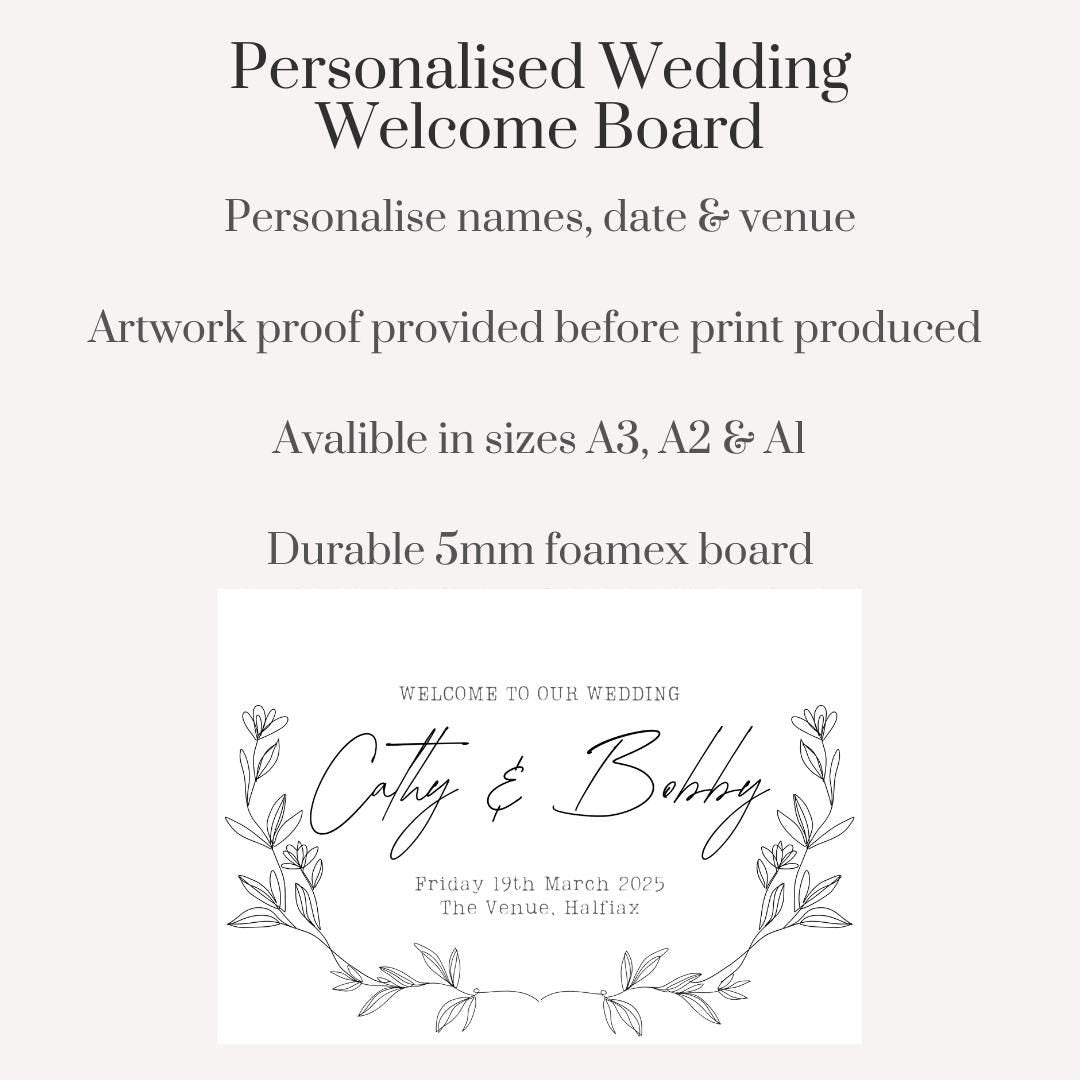 Personalised Printed Wedding Welcome Sign: Elegant Floral, Custom Names & Date