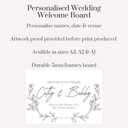 Personalised Printed Wedding Welcome Sign: Elegant Floral, Custom Names & Date