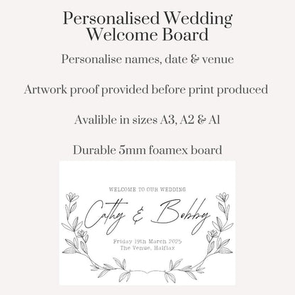 Printed Personalised Wedding Welcome Board | Wedding Signage | Floral Wedding Sign | Monochrome Wedding 2 | Custom Sign | A3 A2 A1 Sizes