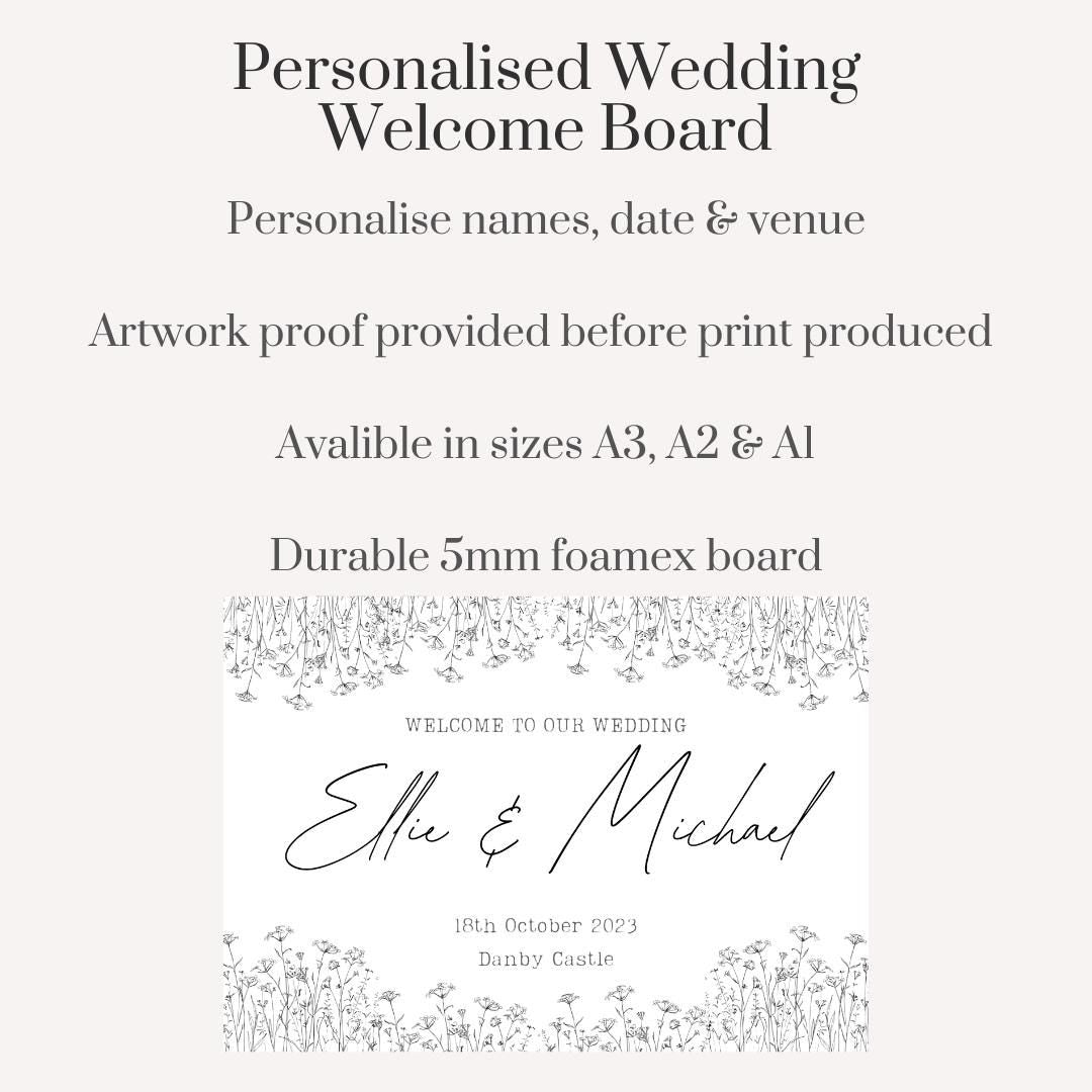 Printed Personalised Wedding Welcome Board | Delicate Wildflower Wedding Sign | Custom Names & Venue | Rustic Botanical Foamex Board