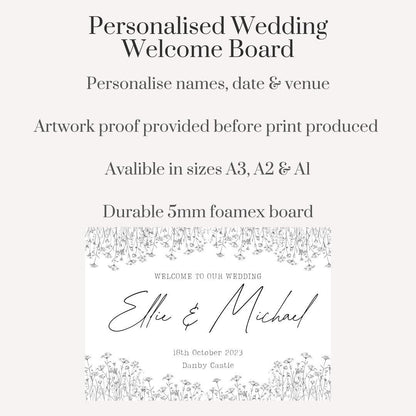Printed Personalised Wedding Welcome Board | Delicate Wildflower Wedding Sign | Custom Names & Venue | Rustic Botanical Foamex Board