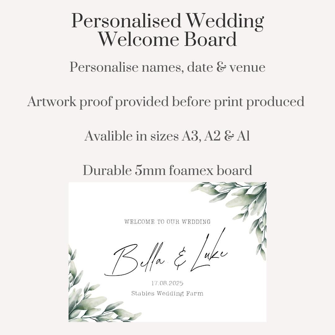 Printed Personalised Wedding Welcome Board | Sage Green Foliage Wedding Sign | Custom Names & Venue | Elegant Botanical Foamex Sign