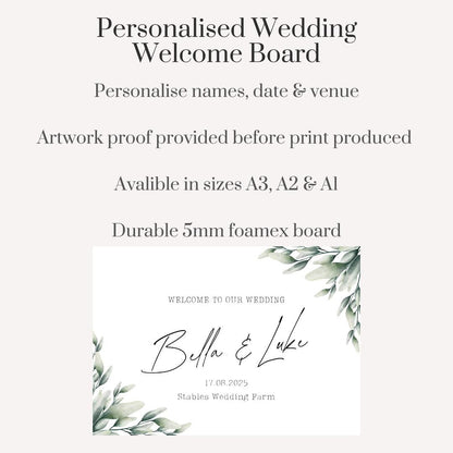 Printed Personalised Wedding Welcome Board | Sage Green Foliage Wedding Sign | Custom Names & Venue | Elegant Botanical Foamex Sign
