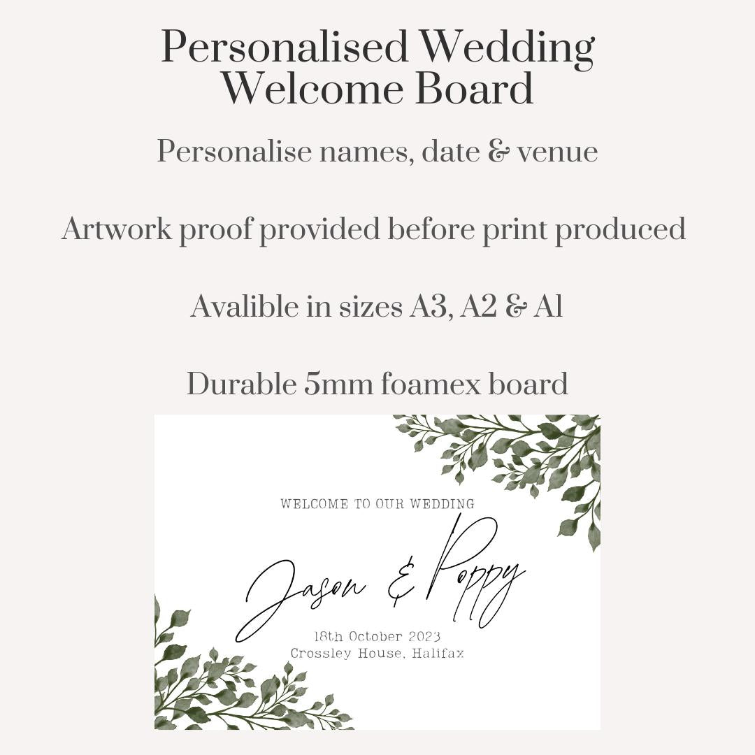 Printed Personalised Wedding Welcome Board | Botanical Greenery 2 Wedding Sign | Custom Names & Venue | Elegant Leafy Foamex Board